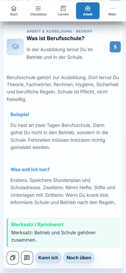 Smartphone-Ansicht der StartFux App: Was ist Berufsschule? Erklärung des Lernens in Betrieb und Schule mit konkreten Vorbereitungsschritten.